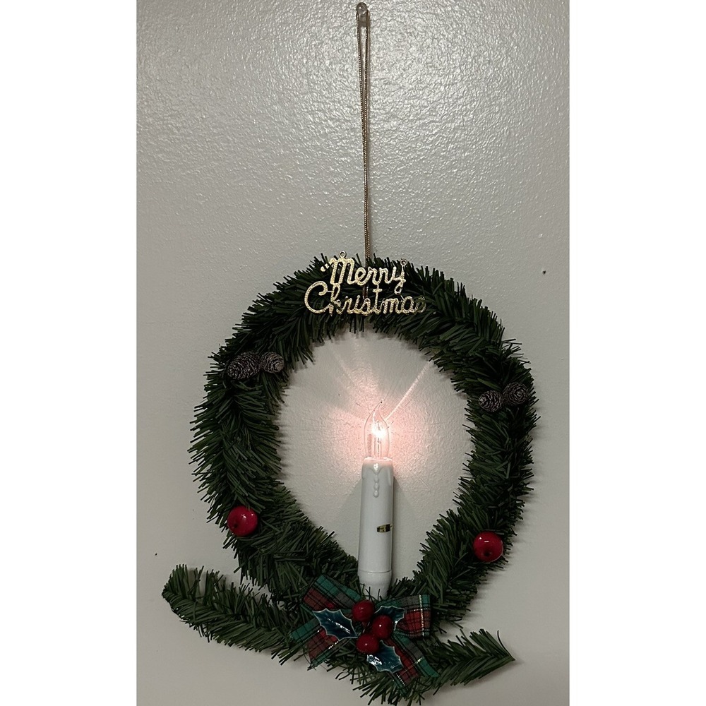 Vintage Lighted Candle Merry Christmas Wreath Hanging Window Decor NEW NOS